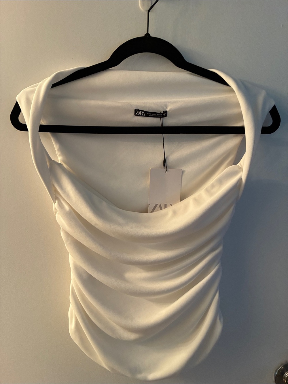 ZARA Cream Colored Ruched Cap-Sleeve Top